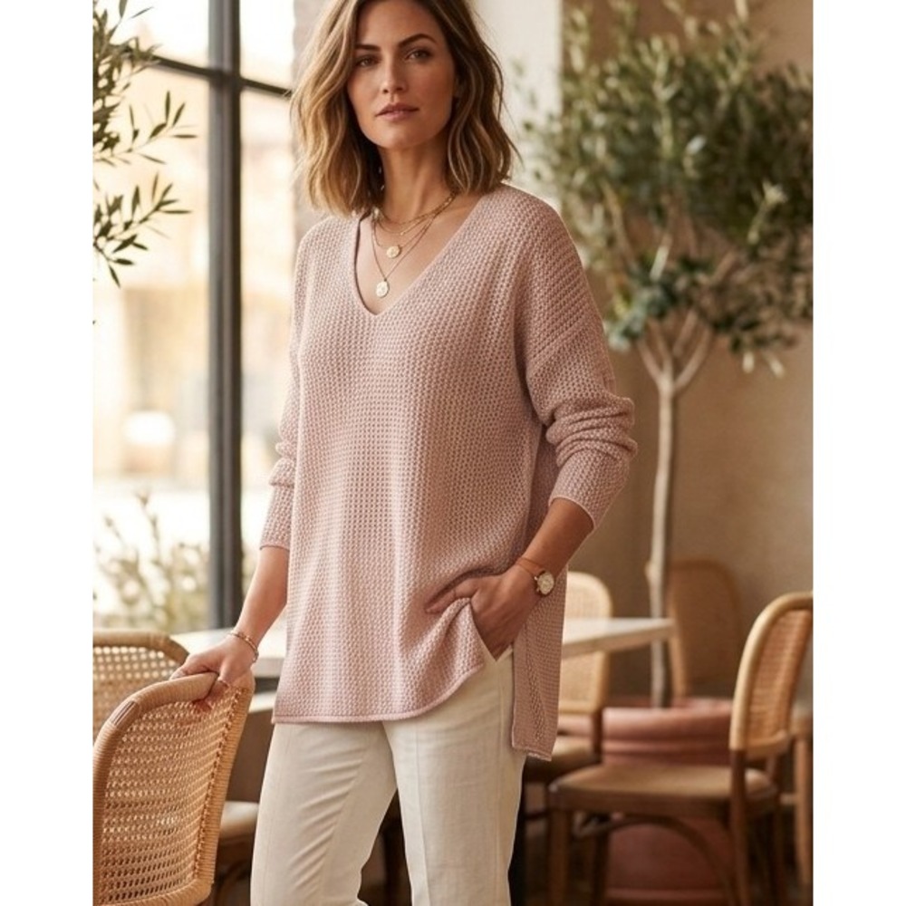 Eileen Fisher Organic Italian Linen V-Neck Knit Tunic Sweater Oversize Pink M